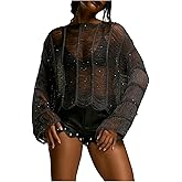 SHENHE Women's Y2k Oversized Sweater Sheer Hollow Out Sparkle Sexy Cropped Sweater Jumper