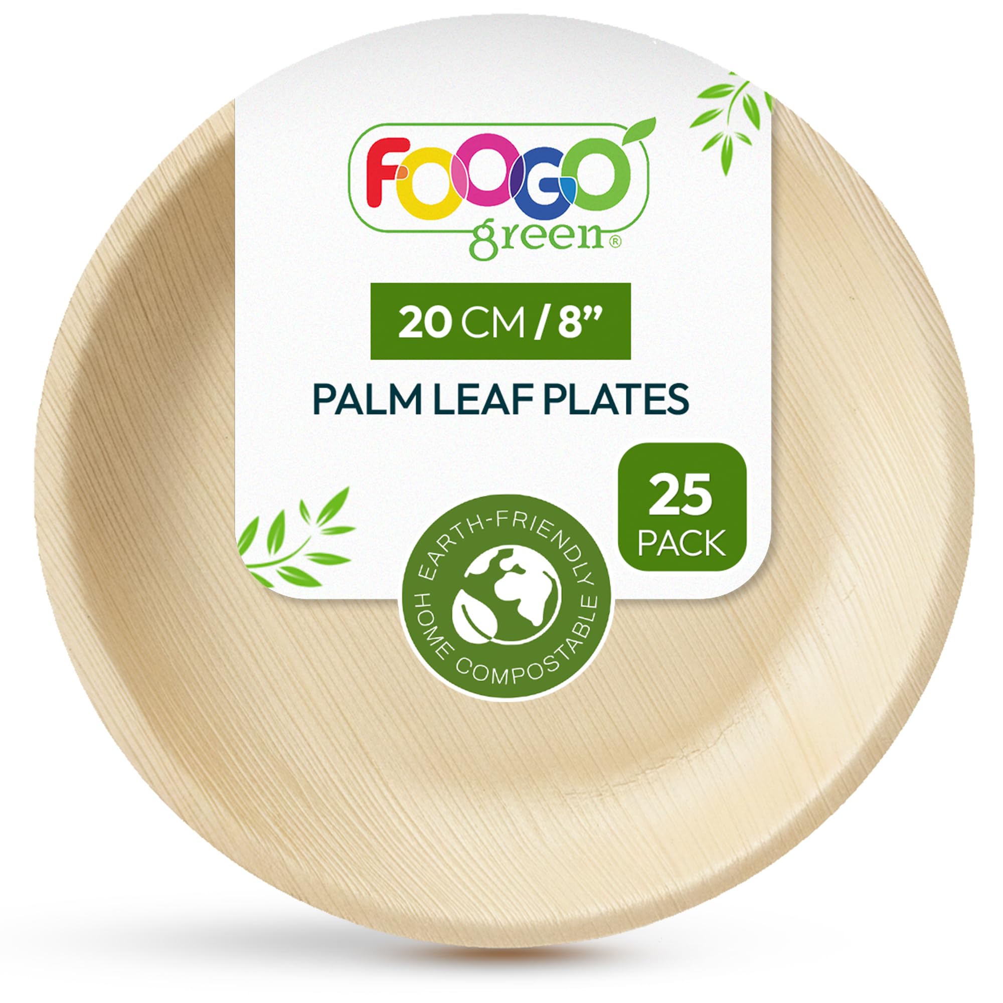 FOOGO Green 25pcs Disposable Palm Leaf Plates, 8"(20cm) Medium Round, Eco Friendly Biodegradable Compostable Like Wooden, Bamboo, Paper Plates for Hot Food, Picnic Wedding Parties — image 1