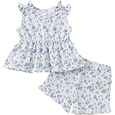 Kucnuzki Cute Toddler Baby Girl Clothes Summer Tank Tops T Shirt Ruffle Trim Kids Shorts 2 Piece Set Floral Print Outfit