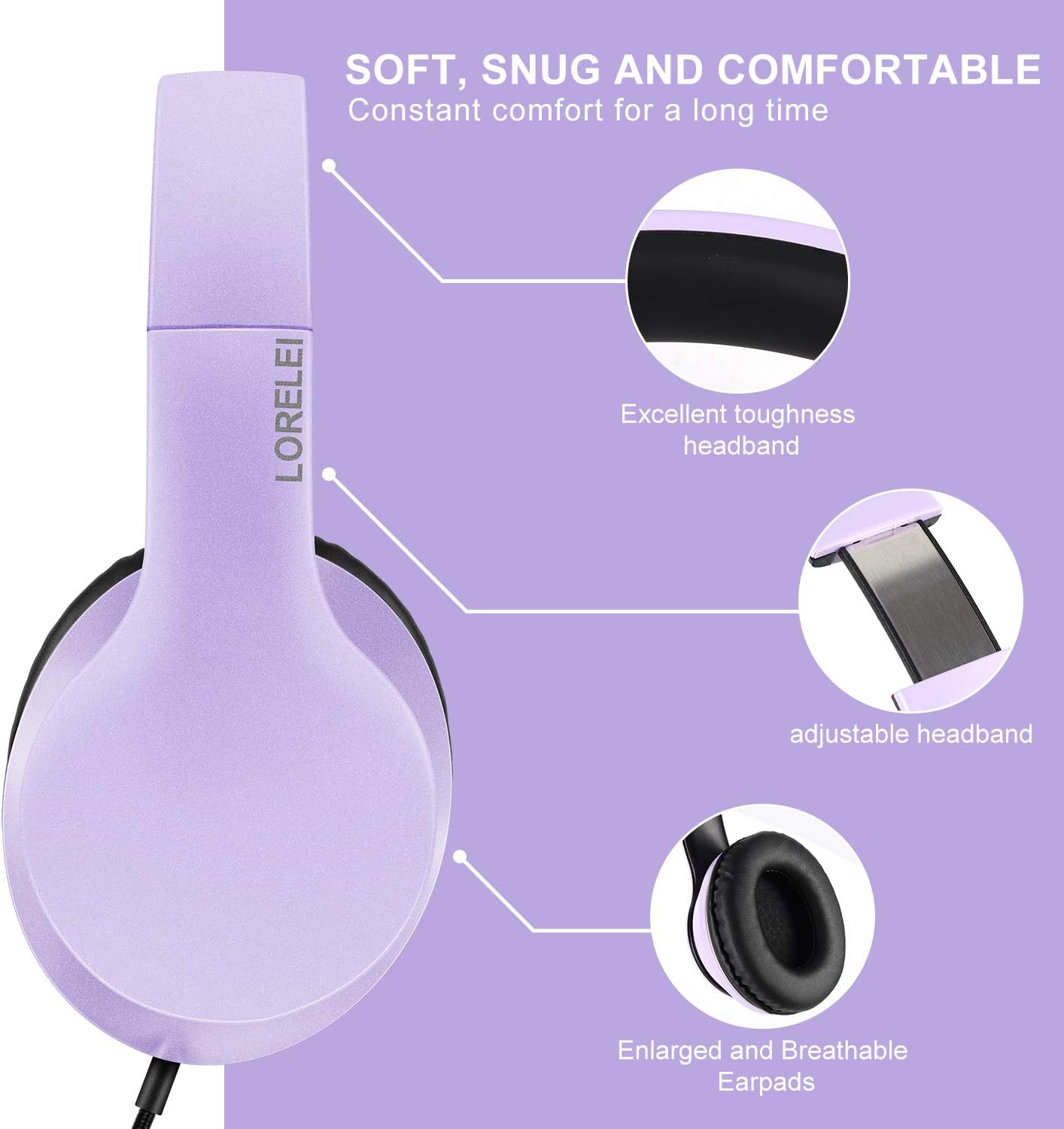 LORELEI X6 Over-Ear Headphones with Microphone, Lightweight Foldable & Portable Stereo Bass Headphones with 1.45M No-Tangle,Wired Headphones for Smartphone Tablet MP3 / 4 (Purple-Black): Home Audio & Theater