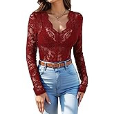 Women's Lace Long Sleeve Top Mesh Sheer Going Out Tops Sexy Floral See Through V Neck Blouses Shirts