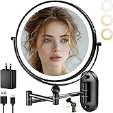 9" Wall Mounted Lighted Makeup Mirror,4000mAh Rechargeable Double Sided 1X/10X Magnifying Mirror with Light,3 Color Lights,Touch Dimmable,Extended Arm 360 Rotation Wall Mounted Makeup Mirror