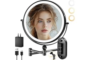 IMIKONA 9" Wall Mounted Lighted Makeup Mirror,4000mAh Rechargeable Double Sided 1X/10X Magnifying Mirror with Light,3 Color Lights,Touch Dimmable,Extended Arm 360 Rotation Wall Mounted Makeup Mirror