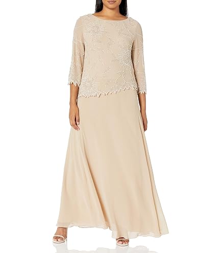 J Kara Women's Petite Petite 3/4 Scallop Beaded Pop Over Gown Dress, Wine/Multi, 6P : Clothing, Shoes & Jewelry