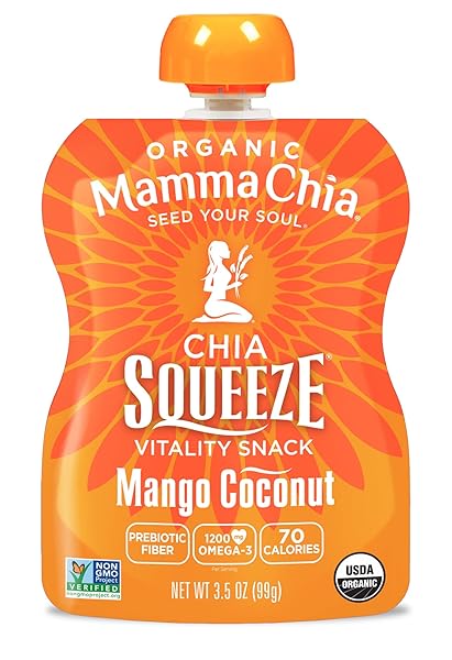 MAMMA CHIA ORGANIC VITALITY SQUEEZE SNACK, MANGO COCONUT, USDA ORGANIC, NON-GMO, VEGAN, GLUTEN FREE, AND KOSHER. FRUIT AND VEGETABLES WITH ONLY 70 CALORIES. 3.5 OUNCE (PACK OF 8)