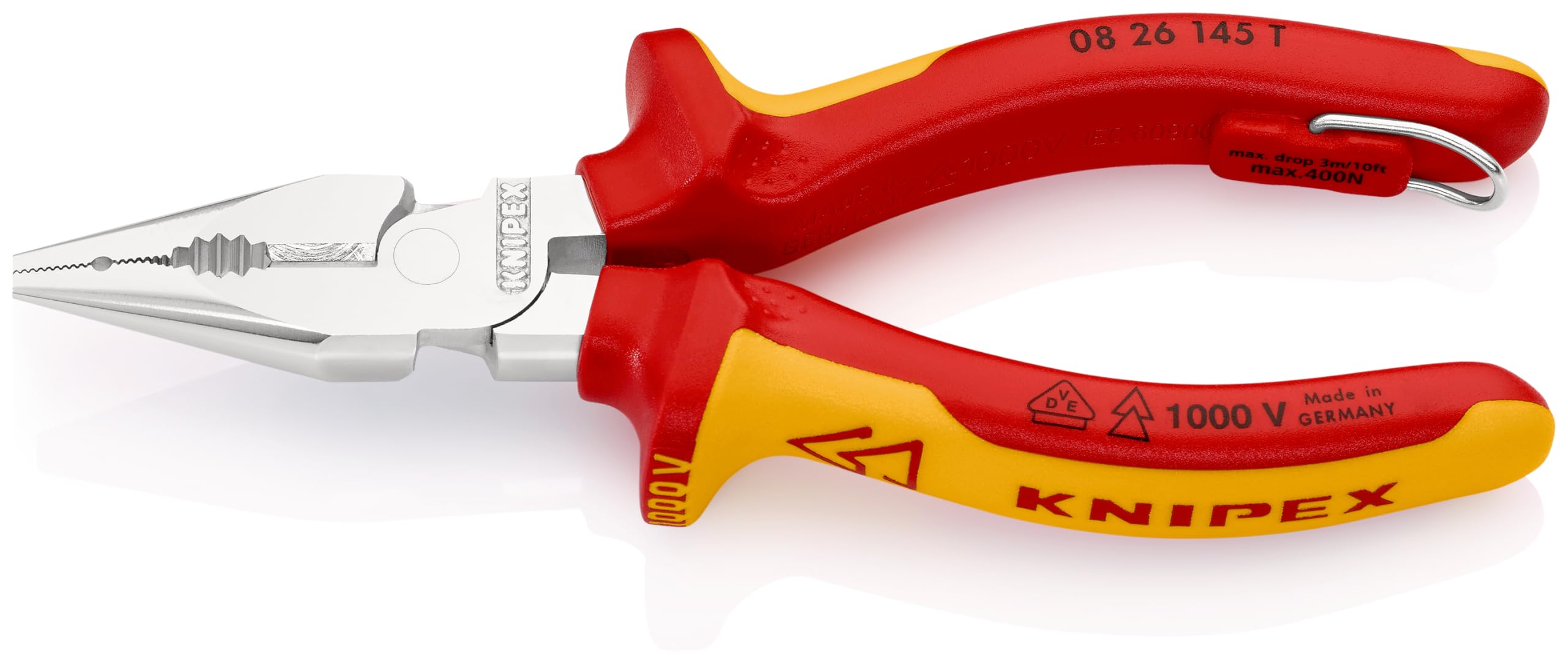 KNIPEX Needle-Nose Combination Pliers in Blister Chrome-Plated Insulated with Multi-Component Grips, VDE-Tested with Integrated, 08 26 145 T BK