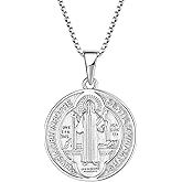 FJ Saint Benedict Necklace 925 Sterling Silver Patron Saint Benedict Medal Pendant Amulet Protection Religious Jewelry for Men Women