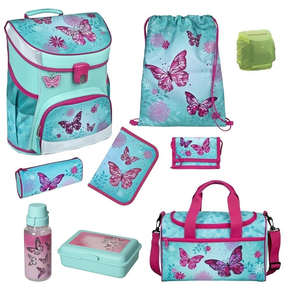 Familando School Bag Set, 9 pcs - Campus Up Butterfly Turquoise, Includes Sports Bag BUKR8252