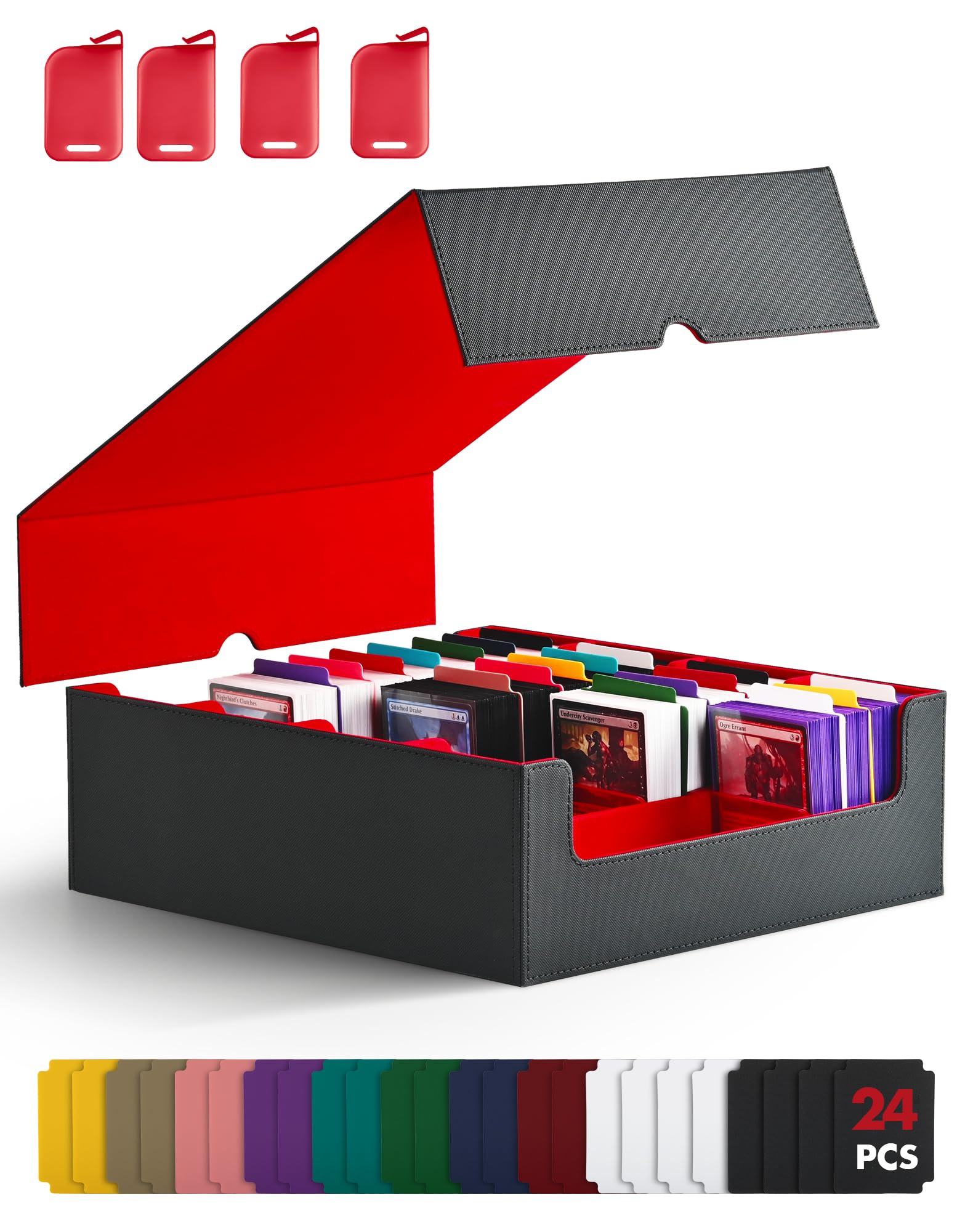 ZLCA Trading Card Storage Box, Commander Card Deck Case Holds 2400+ Cards, MTG Deck Box with 4 Stoppers, Magic Card Organizer for TCG PTCG Cards(Black& Red)