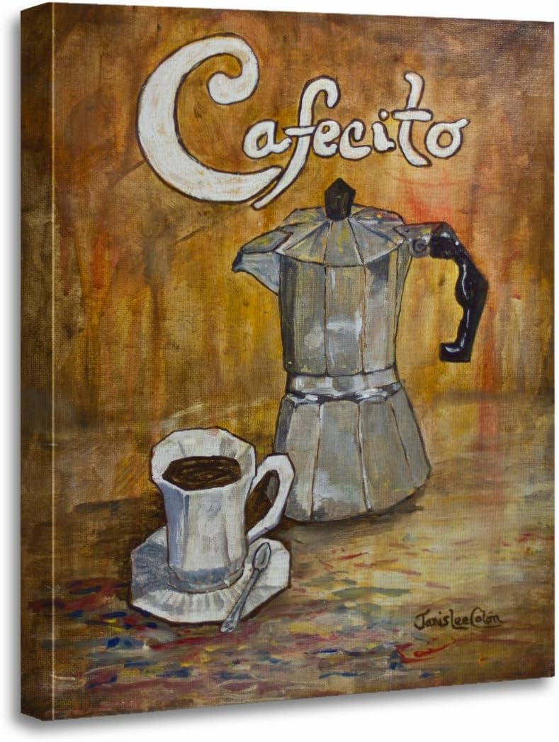 TORASS Canvas Wall Art Print Cafe Cafecito Coffee Perculator Cup Saucer Spanish Artwork for Home Decor 12" x 16"