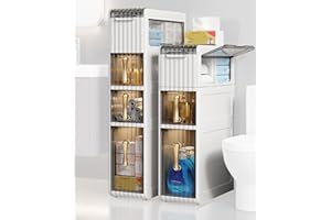 WEAFIEO Bathroom Plastic Floor Cabinet with Drawers and Casters Large Capacity Narrow Tall Slim Waterproof Toilet Paper Holder Organizer Vertical Storage Unit for Small Spaces Gaps White, 3-Tiers