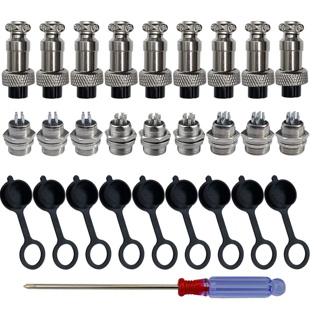 QitinDasen 9Pcs Premium 4/5/6 Pin GX12 Aviation Connector Set, 5A 12mm Thread Male/Female Panel Metal Aviation Wire Connector Plug/Socket, with Rubber Protector Cap and Phillips Screwdriver