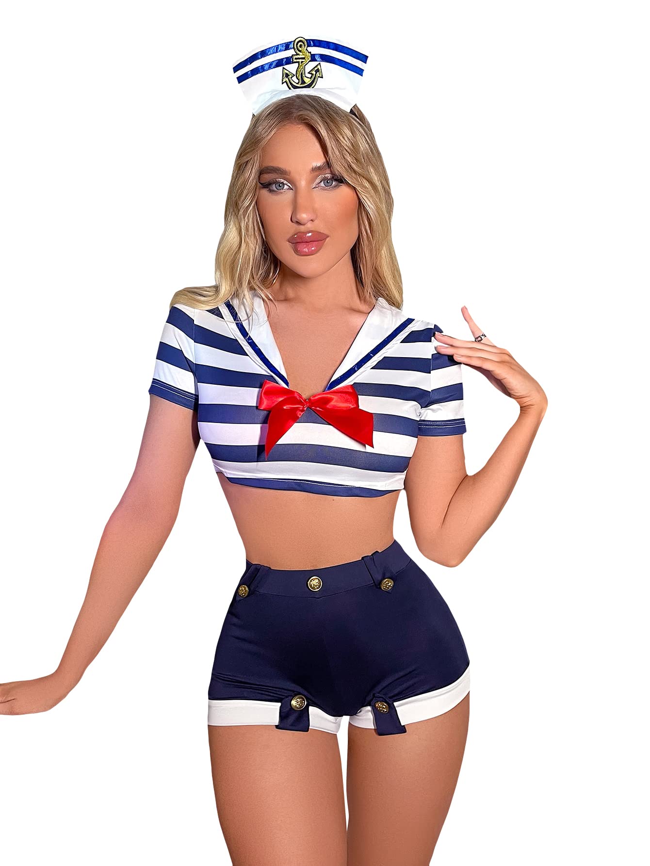 Photo 1 of WDIRARA Women's 3 Pieces Sailor Costume Cosplay Striped Crop Top with Shorts Lingerie Set Blue and White M
