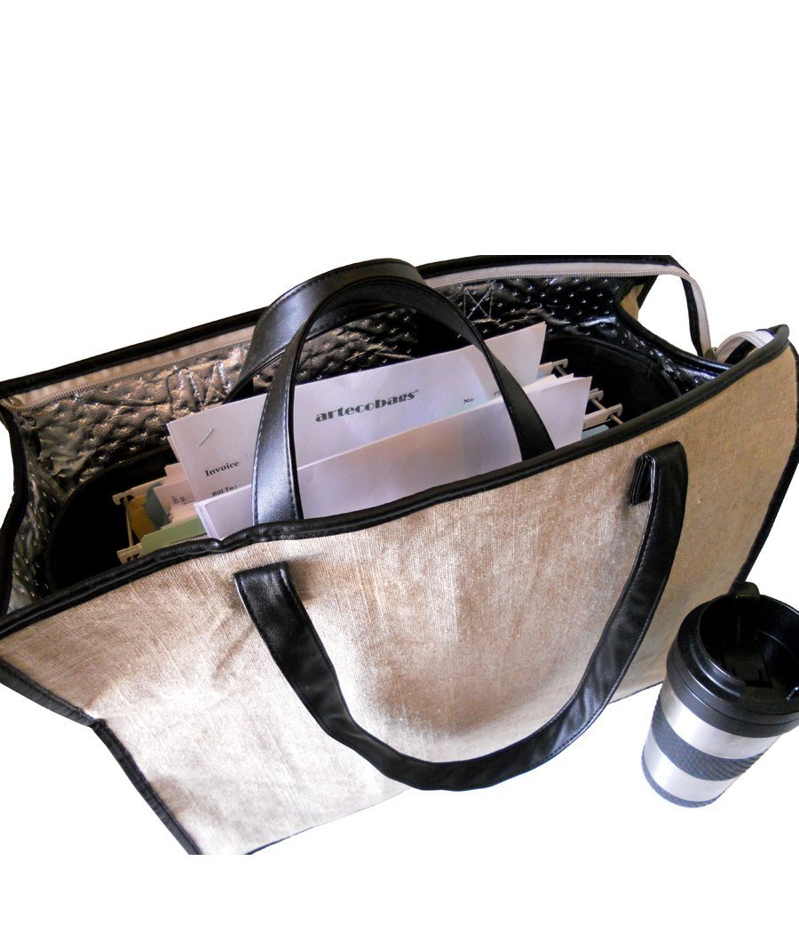 Artecobags Insulated XL Jute Cotton Tote Bag - Black Faux Leather Trim