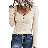 KINLONSAIR Women’s Long Sleeve Henley T Shirts Button Down Slim Fit Tops Scoop Neck Ribbed Knit Shirts