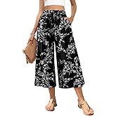 POPYOUNG Womens Capri Pant Dressy Casual Wide Leg Palazzo Pants Flowy Gaucho Pants Drawstring Trousers with Pockets
