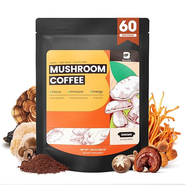 MUSHROOM COFFEE, 10 MUSHROOMS INSTANT COFFEE POWDER – LION’S MANE, REISHI, CHAGA, CORDYCEPS, TURKEY TAIL, SHIITAKE, ASHWAGANDHA, VITAMIN B12 / B6, ARABICA COFFE FOR IMMUNE BOOST, FOCUS & GUT HEALTH