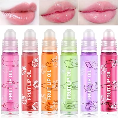 AOOWU 6 Pcs Hydrating Lip Oil Set Fruit Flavored Plumping Lip Gloss 8ML