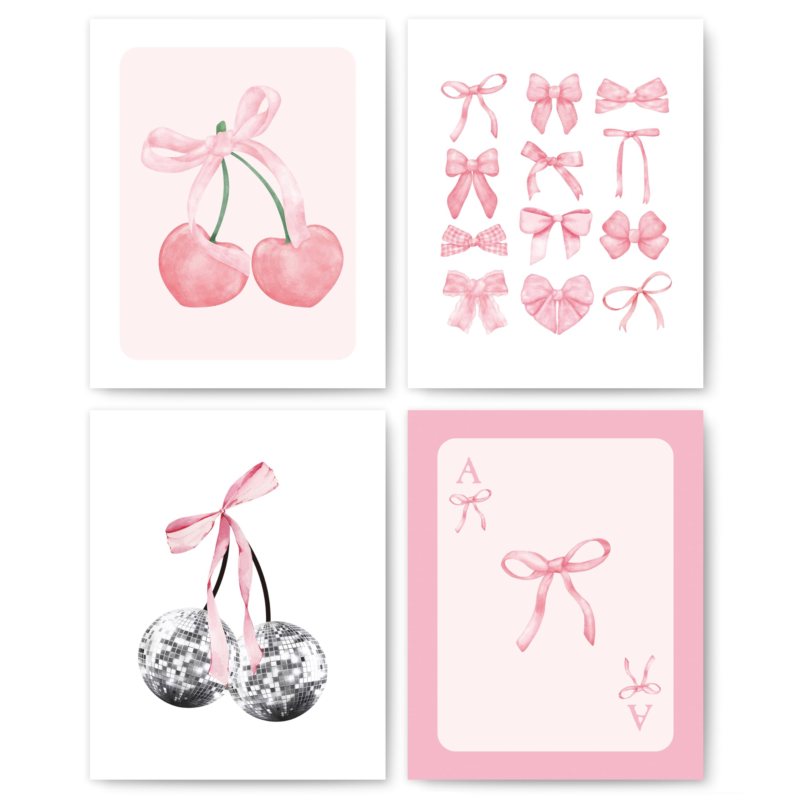 Photo 1 of **4pack**okaxscm Pink Coquette Bow Trendy Preppy Wall Art Prints Set of 4, Coquette Room Decor, Preppy Room Decor Aesthetic, Pink Bow Cherry Disco Ball Wall Decor Posters for Girls Bedroom Dorm, 8x10 Unframed