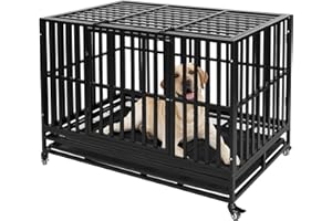 WALNEST 48" Heavy Duty Dog Kennels and Crates for High Anxiety Dog Large Indestructible Square Tube Dog Crate Escape Proof Dog Cage Dog Kennel Pet Playpen for Training w/Wheels, Sturdy Locks, Tray, Black
