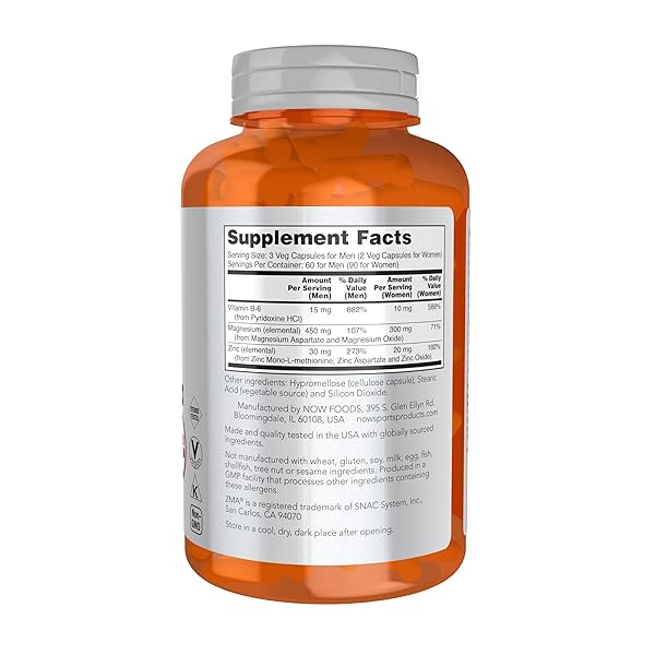 NOW FOODS SPORTS NUTRITION, ZMA (ZINC, MAGNESIUM AND VITAMIN B-6), ENHANCED ABSORPTION, SPORTS RECOVERY*, 180 CAPSULES