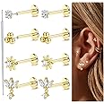 18K Gold Plated Threadless Flat Back Earrings Studs 316L Surgical Steel Push in Nose Studs Rings 20G 18G 16G CZ Tragus Cartilage Helix Conch Lip Labret Medusa Nostril Piercing Jewelry Hypoallergenic