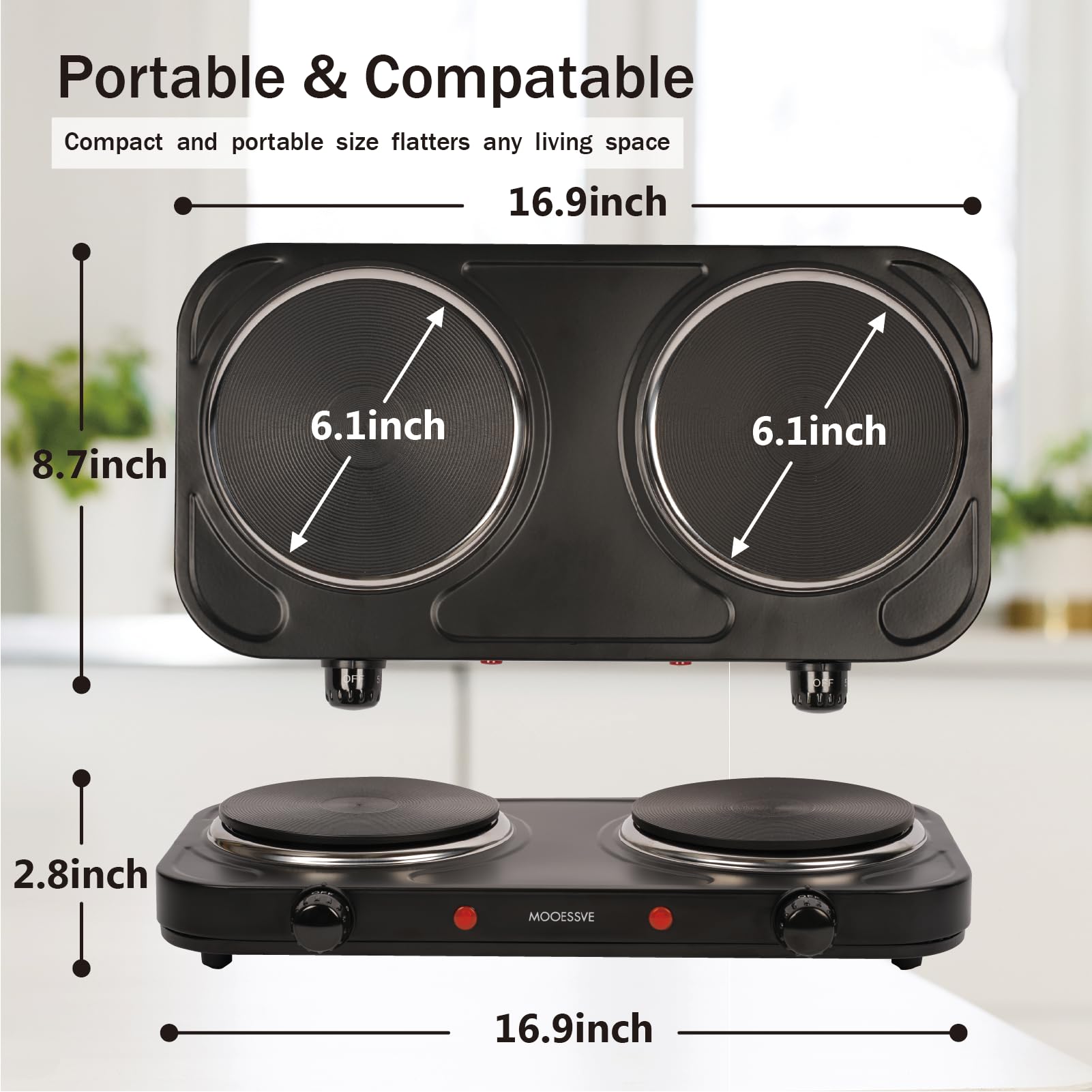 Countertop Double Cast Iron Burner 1800 Watts Electric Hot Plate with Adjustable Temperature 6.1