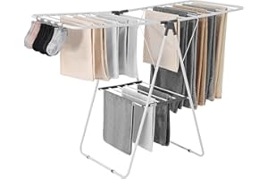 VEVOR Clothes Drying Rack, 2-Tier Foldable Laundry Dryer Rack with Sock Clips & 21 Drying Rods, Metal Height Adjustable Drying Racks for Outdoor & Indoor, Free-Standing & Space-Saving Hanger, White