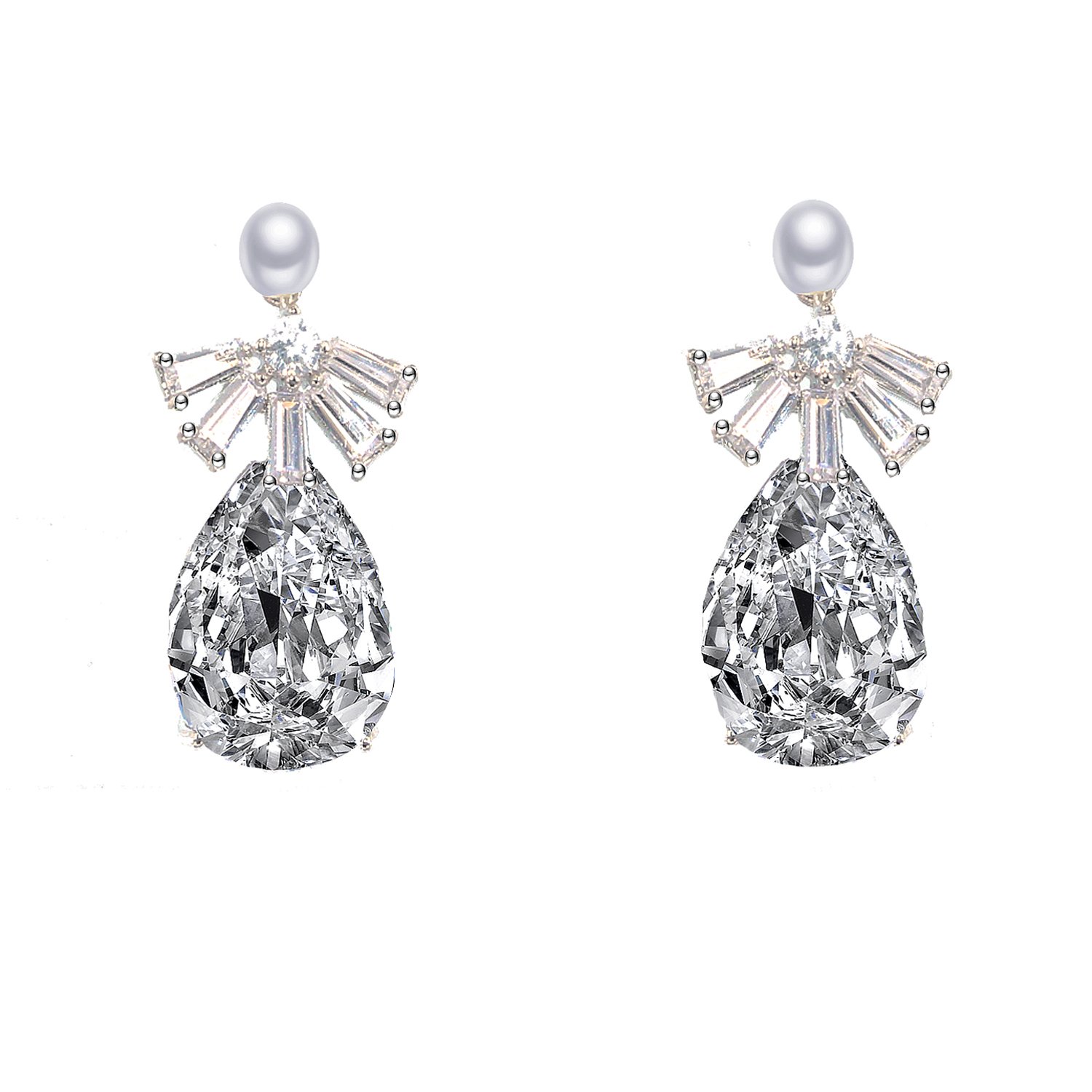 BiBeary Women elegant Cubic Zirconia Simulated Pearl Fashion Dangle Pierced Earrings clear silver-tone