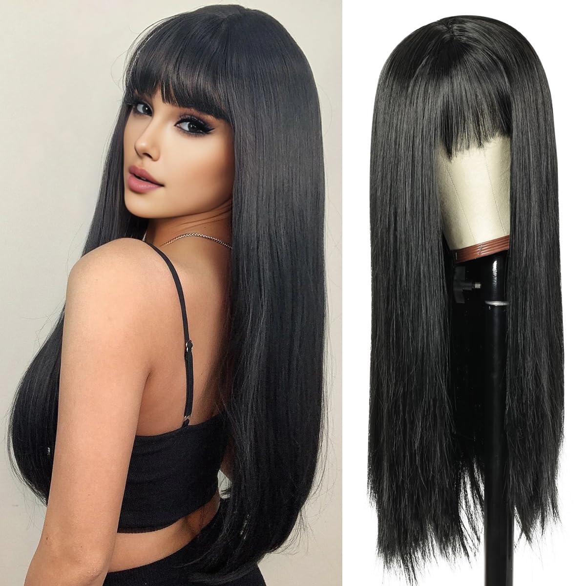 Photo 1 of QUEENTAS 25'' Long Black Wig with Bangs Straight Wigs for Women Glueless Natural Looking Synthetic Long Hair Glueless Wig