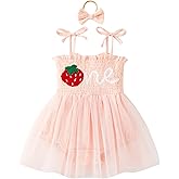 DLLYING Baby Girl First Birthday Outfit Summer Sleeveless Smocked Fairy Berry One Romper Tulle Dress + Headband