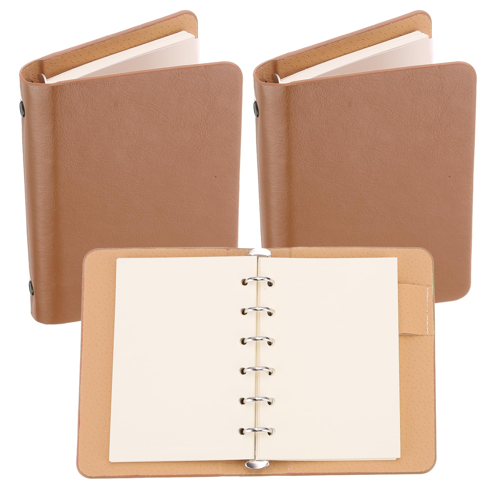 PATIKIL 6 Ring Binder Cover, 2 Pack A7 Leather Notebook Binder Mini Refillable Loose Leaf Personal Planner with 100 Sheets Paper, Brown