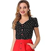 Allegra K Women's Polka Dots Short Sleeve Button Up Vintage 1950s Blouse