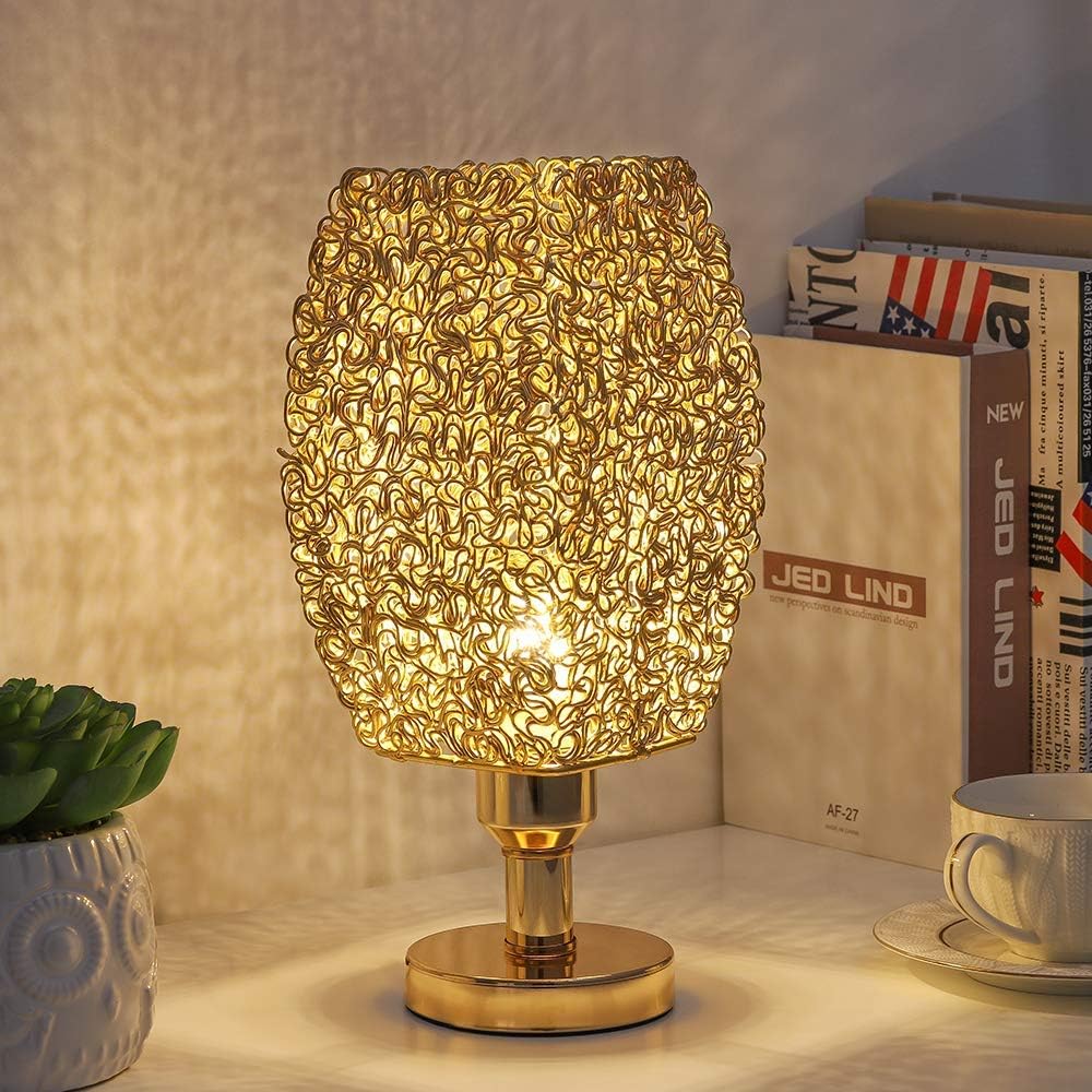HAITRAL Modern Table Lamp - Luxurious Bedside Lamp, Small Nightstand Lamp for Bedroom, Girls Room, Office, College Dorm, Family Room with Lantern Shaped Wiring Lamp Shade - Gold (HT-TH121-16)
