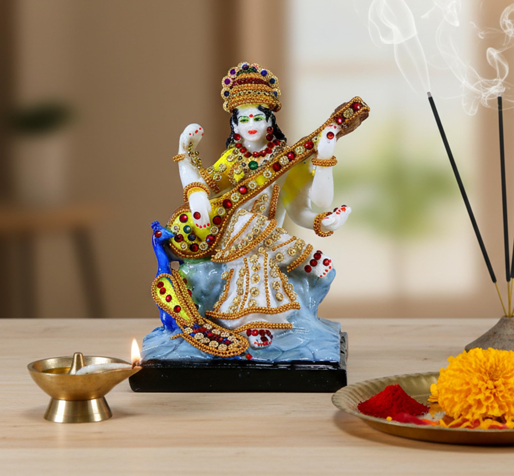 ESPLANADE Saraswati Mata Maa Murti Idol Statue Sculpture - Resin - Multi - 6" Inches