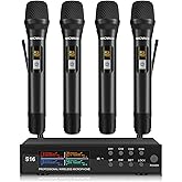 MICNAUX Wireless Microphone System, Pro 4 Channel UHF Mics Set with Metal Cordless Handheld Mics & Receiver, 200 Adjustable Frequency, 300ft Range for Singing, Church, Karaoke, Party