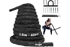 Yes4All Battle Ropes, Workout Rope with Cover, Steel Anchor & Strap Included, Heavy Ropes for Exercise Training - 1.5/2 Inch Diameter, 30, 40, 50 Ft Length