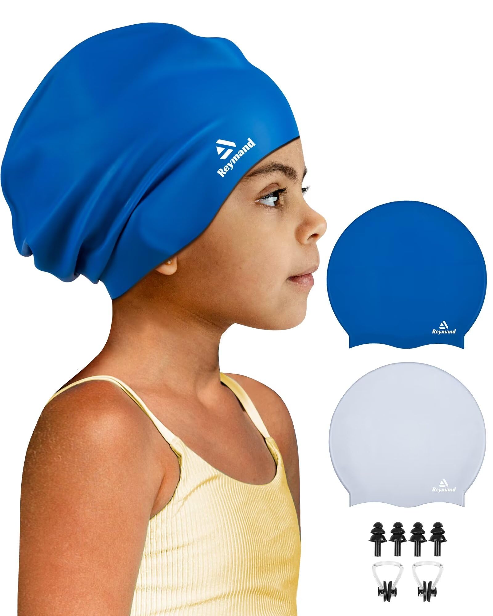 Reymand 2 Pack Kids Extra Large Swimming Cap for Long Thick Hair, Waterproof Silicone Swimming Hat for Toddler Child Youth Girls Boys, Durable Swim Cap Bathing Caps for Braids, Afros(Navy+Grey)