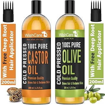 WishCare Hexane-free Cold Pressed Castor and Olive Carrier Oil for Hair and Skin (200 ml Each)