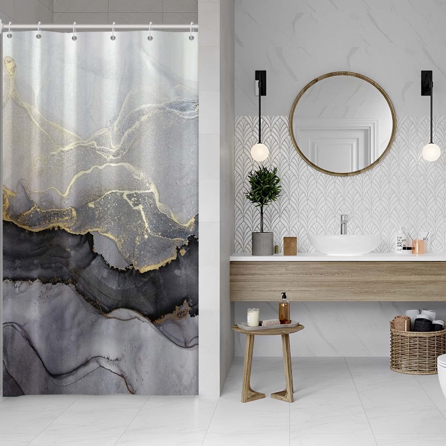 MIRRORANG Black Marble Stall Shower Curtain,Colorful Marble Element and Golden Ink Shower Curtain Sets with Hooks for Bathroom Home Decor,Waterproof Polyester, 36 x 72 Inches — image 1