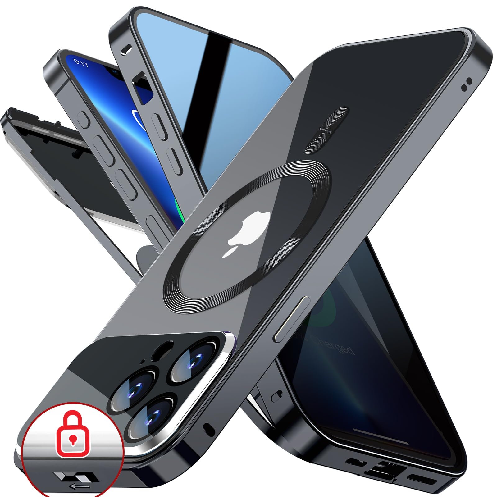 Photo 1 of [Full Camera Protection& Mechanical Lock]Magnetic Privacy Case for iPhone 13 Pro [Compatible with MagSafe] [CD Metal Ring]Full Body Shockproof Metal Bumper, 9H Anti Peeping Glass Cover-Black