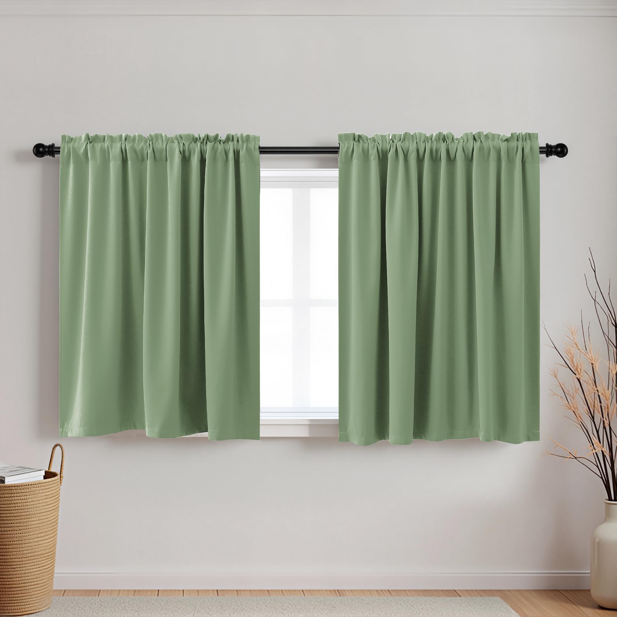 KOUFALL Sage Green Curtains 24 Inch Length for Bathroom Window 2 Pack Rod Pocket Room Darkening Cafe Curtain Tiers Blackout Light Green Short Curtains for Small Windows 34 by 24 in Long — image 1
