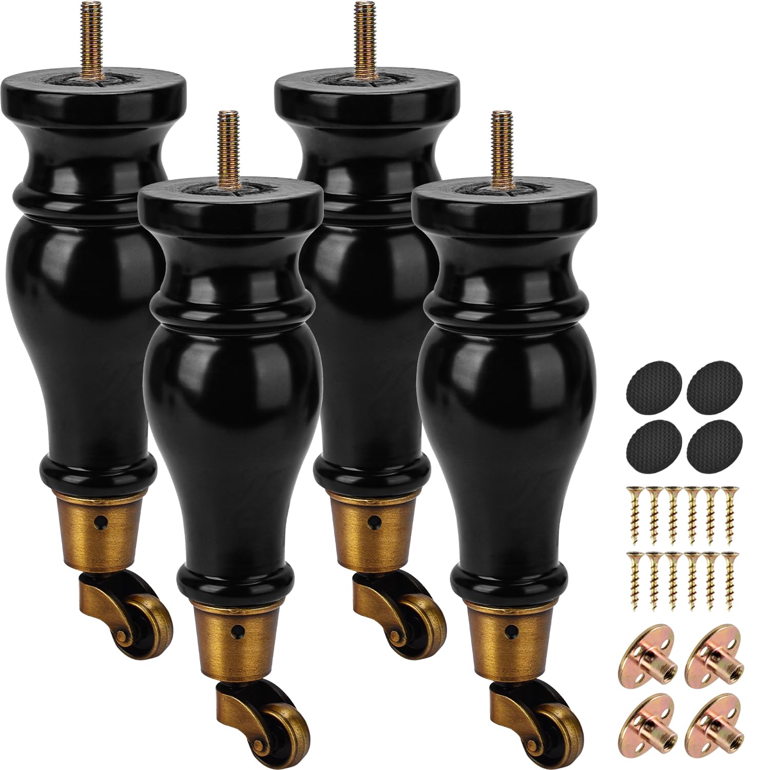 La Vane 9 inch Wooden Furniture Legs with Castor, 4PCS Soild Wood Black Turned Replacement Bun Feet with Pre-Drilled M8 Inch Bolt & Mounting Plate for Armchair Ottoman Recliner Chair Footstool
