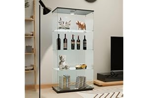 QIHAI Glass Display Cabinet with LED Lights and Lock, 4-Shelf Curio Cabinets with Door, Tempered Glass Collection Display Sho