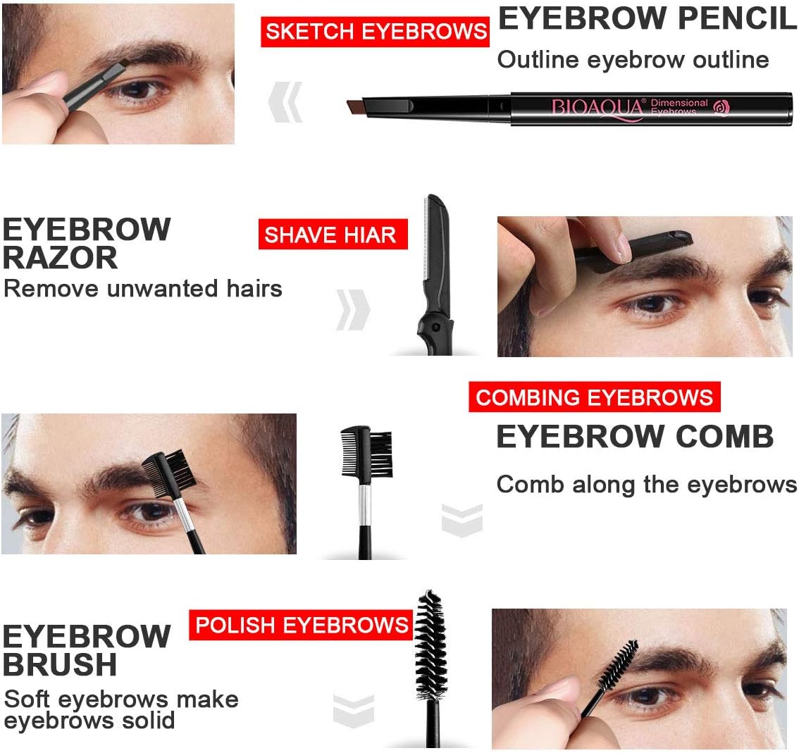SENXILLER Eyebrow Kit Razor Pencil Brush Stencil Scissors Tweezers Grooming Kit with Mirror for Men and Women (Dark Brown Eyebrow Pencil): Home Improvement