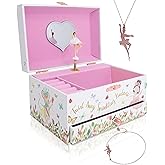 The Memory Building Co Ballerina Musical Jewelry Box Plays Classic Melody, Storage Organizer Music Box for Kids Ages 6-12, MDF Wood w/ 2 Fabric Lined Ring Bracelet Necklace Treasure Compartments