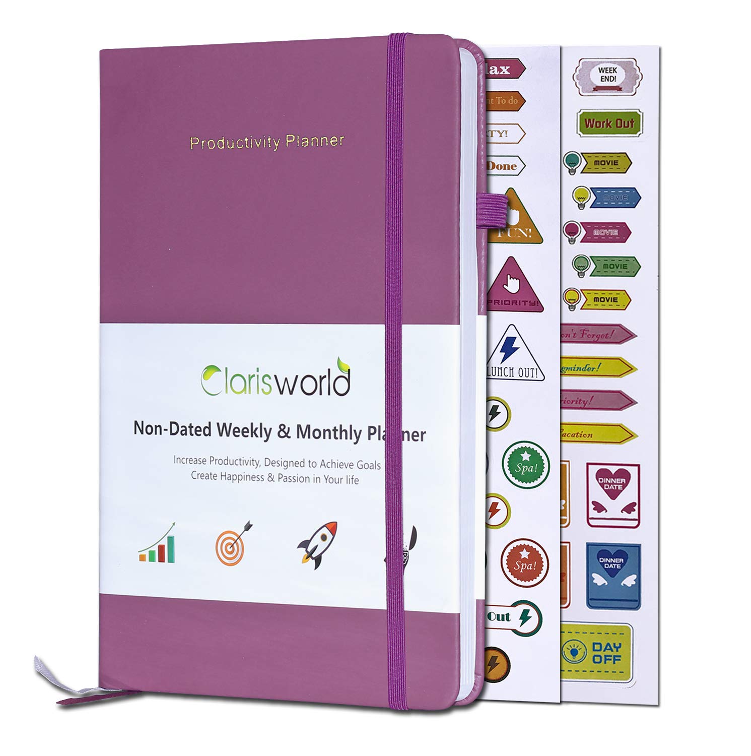 Clarisworld A5 Productivity Planner Weekly, Monthly and Year Planner with Pen Loop, to Achieve Your Goals & Improve Productivity, Thick Paper, Inner Pocket, Undated (Purple)