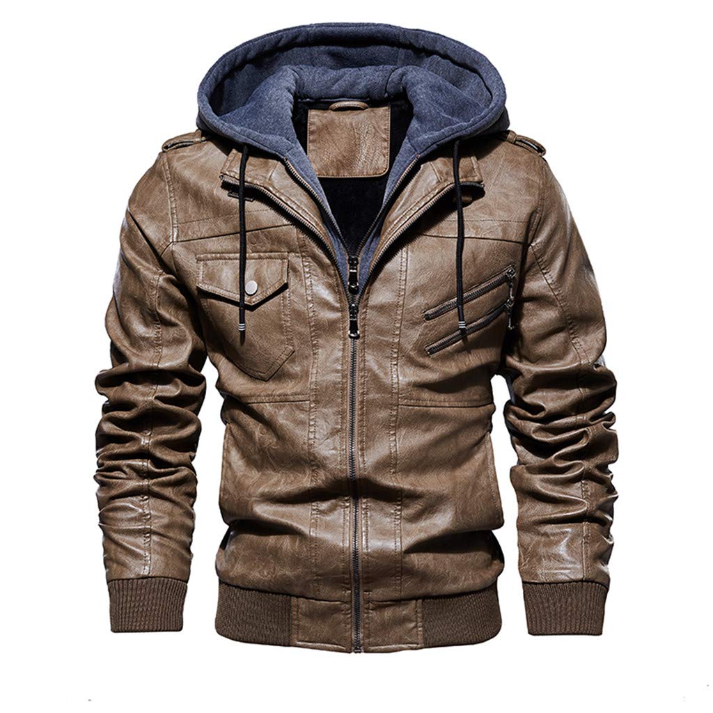 OMINA Mens Fleece Wash Leather Jacket Hoodie, Winter Thicked Warm Casual Zipper Coat