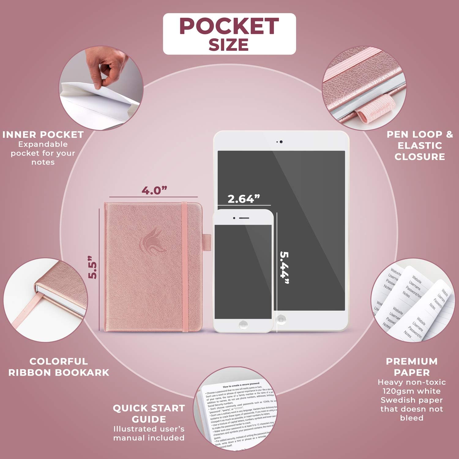 Clever Fox Password Book with tabs. Internet Address and Password Organizer Logbook with alphabetical tabs. Small Pocket Size Password Keeper Journal Notebook for Computer & Website Logins (Rose Gold) : Office Products