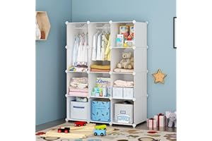 VIPZONE Baby Closet,Dresser, Kids Closet Organizers, Portable Kids Wardrobe for Closet, Bedroom, Nursery, Cubby, Cabinet, Clothes, Dress, Baby Storage Shelf, Armoire Clothes Hanging (12 Cube, White)